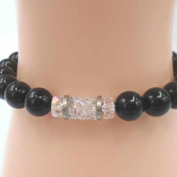 NWT ~ BLACK ONYX and ROCK CRYSTALS Stretch Bracelet - Picture 5 of 5